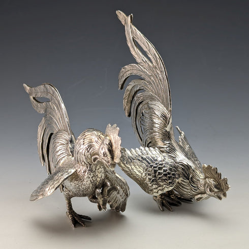 1962年 ドイツヴィンテージ 純銀製 闘鶏フィギュリン ペア 計242g Israel Freeman