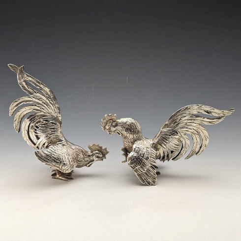 1962年 ドイツヴィンテージ 純銀製 闘鶏フィギュリン ペア 計242g Israel Freeman
