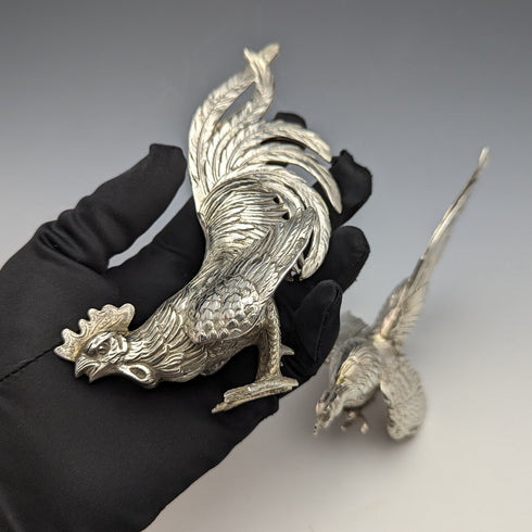 1962年 ドイツヴィンテージ 純銀製 闘鶏フィギュリン ペア 計242g Israel Freeman