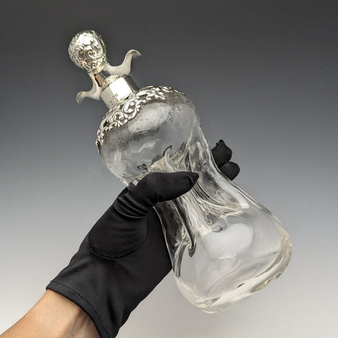 1900 British Antique Sterling Silver Decanter Glug Glug Glass Decanter