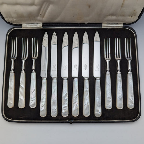 1950's British Vintage White Pearl Handle Cutlery 6 Pair Set with Case Mappin & Webb