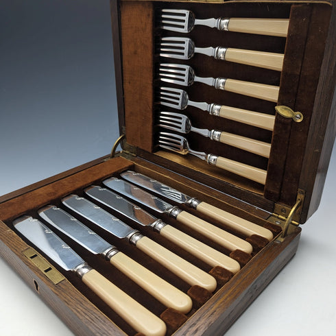 英國復古樹脂手把魚餐具 6 副套裝木盒 Cooper Brothers