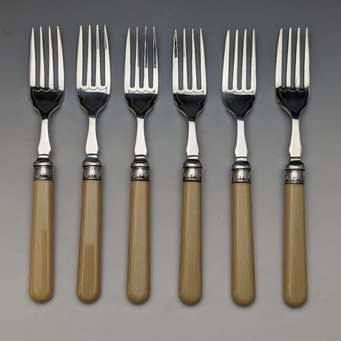 British Vintage Resin Handle Fish Cutlery 6 Pair Set in Wooden Box Cooper Brothers