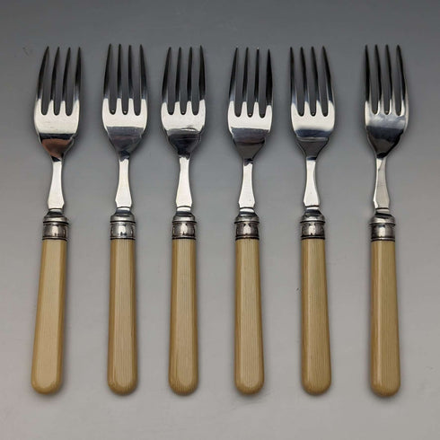 British Vintage Resin Handle Fish Cutlery 6 Pair Set in Wooden Box Cooper Brothers