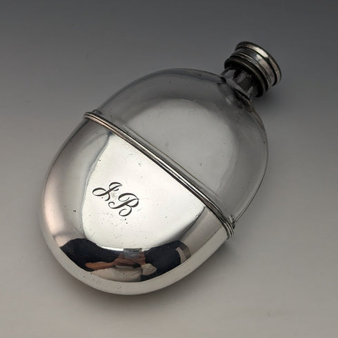 1900 British Antique Silver Plated Decorated Oval Glass Skittles Hip Flask