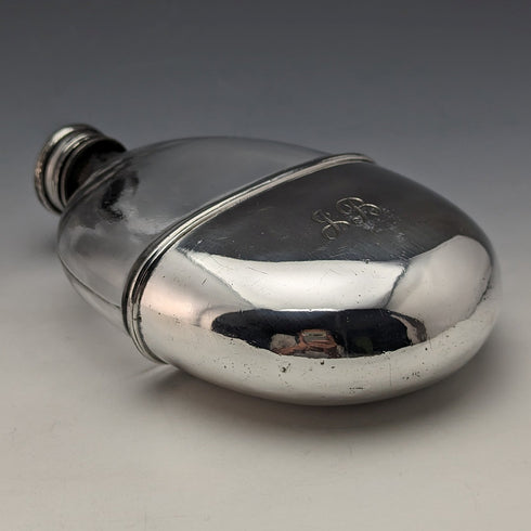 1900 British Antique Silver Plated Decorated Oval Glass Skittles Hip Flask