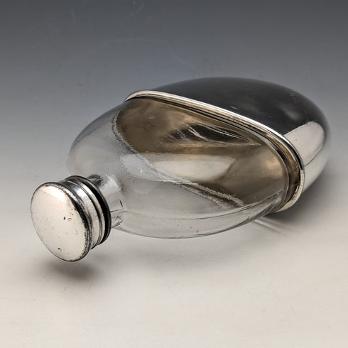 1900 British Antique Silver Plated Decorated Oval Glass Skittles Hip Flask