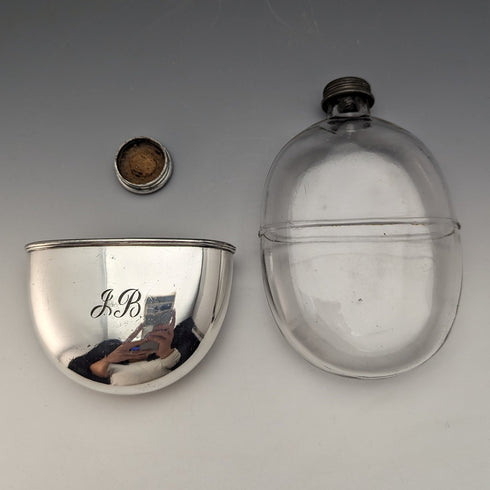 1900 British Antique Silver Plated Decorated Oval Glass Skittles Hip Flask