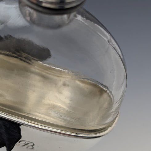 1900 British Antique Silver Plated Decorated Oval Glass Skittles Hip Flask