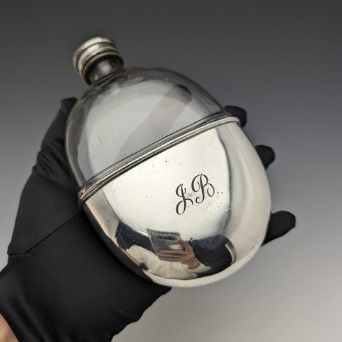 1900 British Antique Silver Plated Decorated Oval Glass Skittles Hip Flask