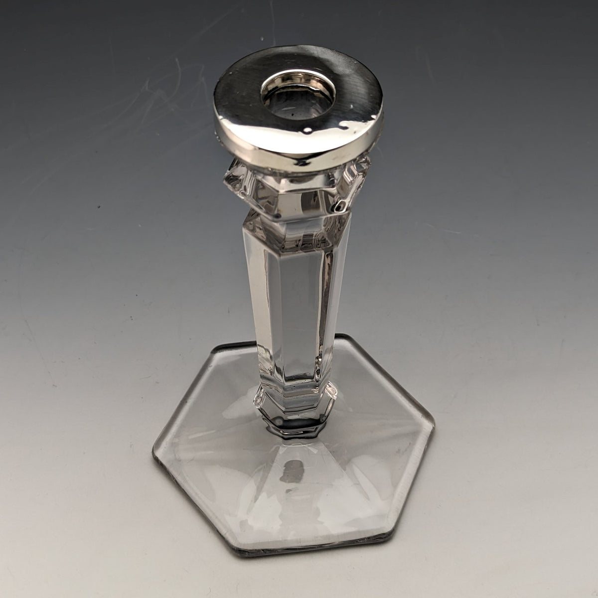1918年 英国アンティーク ガラス製 純銀装飾 キャンドルスタンド 燭台 John Grinsell & Sons