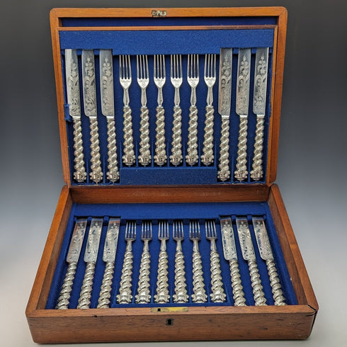 1850年頃 英国アンティーク ソリッドシルバーハンドル カトラリー12ペアセット 木箱入り Martin Hall