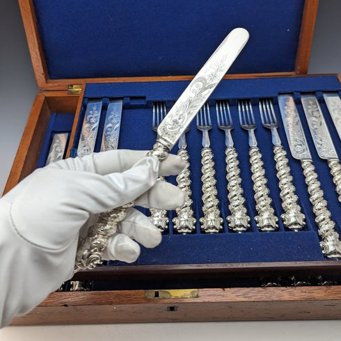 1850年頃 英国アンティーク ソリッドシルバーハンドル カトラリー12ペアセット 木箱入り Martin Hall