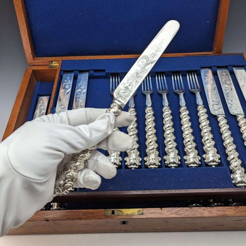1850年頃 英国アンティーク ソリッドシルバーハンドル カトラリー12ペアセット 木箱入り Martin Hall