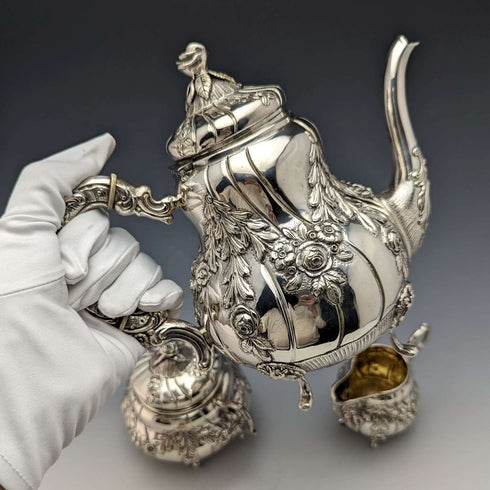 1900年頃 ドイツアンティーク 800シルバー製バチェラーティーポット3点セット 計762g