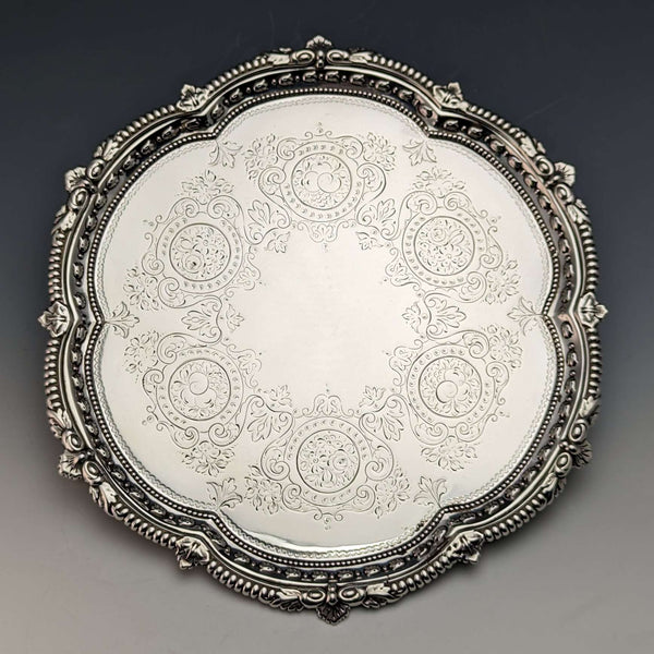 1899年 英国アンティーク 純銀製サルヴァ カードトレイ 直径22cm 315g Mappin Brothers