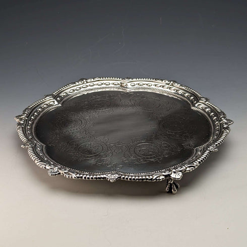 1899年 英国アンティーク 純銀製サルヴァ カードトレイ 直径22cm 315g Mappin Brothers