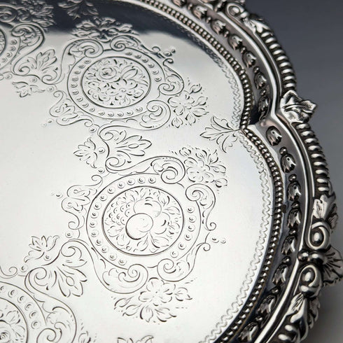 1899年 英国アンティーク 純銀製サルヴァ カードトレイ 直径22cm 315g Mappin Brothers