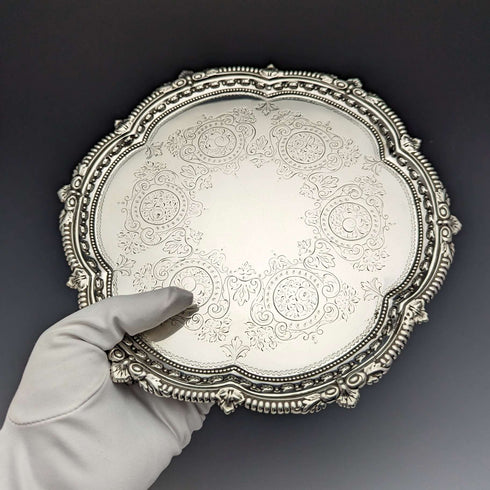 1899年 英国アンティーク 純銀製サルヴァ カードトレイ 直径22cm 315g Mappin Brothers