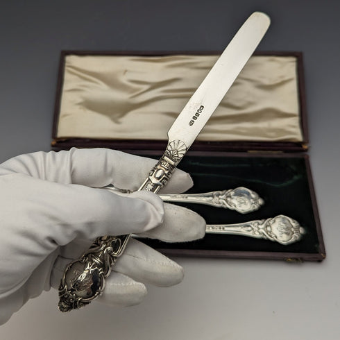 1847年 英国アンティーク 純銀製クリスニングカトラリーセット 計113g ケース入 JG