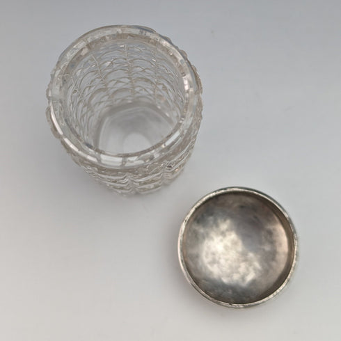 19世紀後半 英国アンティーク カットガラスジャー シルバープレート蓋