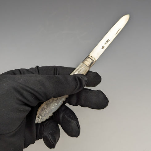 1893年 英国アンティーク 白蝶貝ハンドル 純銀ブレード ペンナイフ ケース入 Arthur Worral Staniforth