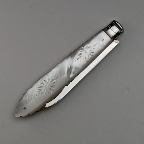 1893年 英国アンティーク 白蝶貝ハンドル 純銀ブレード ペンナイフ ケース入 Arthur Worral Staniforth