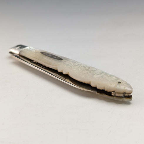 1893年 英国アンティーク 白蝶貝ハンドル 純銀ブレード ペンナイフ ケース入 Arthur Worral Staniforth