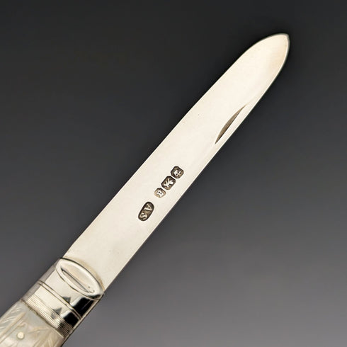 1893年 英国アンティーク 白蝶貝ハンドル 純銀ブレード ペンナイフ ケース入 Arthur Worral Staniforth
