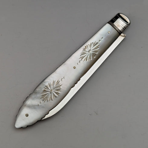 1890年 英国アンティーク 白蝶貝ハンドル 純銀ブレード ペンナイフ ケース入 Thomas Marples