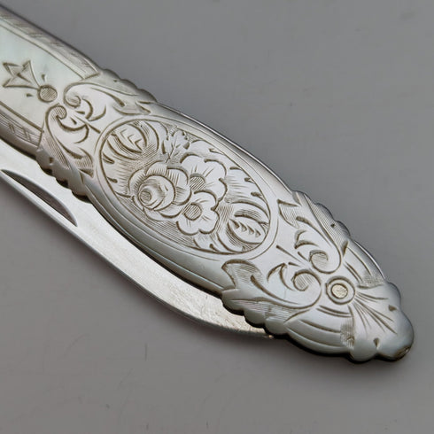 1890年 英国アンティーク 白蝶貝ハンドル 純銀ブレード ペンナイフ ケース入 Thomas Marples