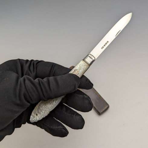 1890年 英国アンティーク 白蝶貝ハンドル 純銀ブレード ペンナイフ ケース入 Thomas Marples