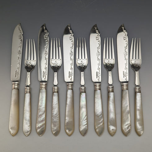 1923 British Antique Fish Cutlery 5 Pair Set White Pearl Handle Sterling Silver Blade Allen & Darwin