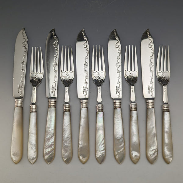 1923 British Antique Fish Cutlery 5 Pair Set White Pearl Handle Sterling Silver Blade Allen & Darwin