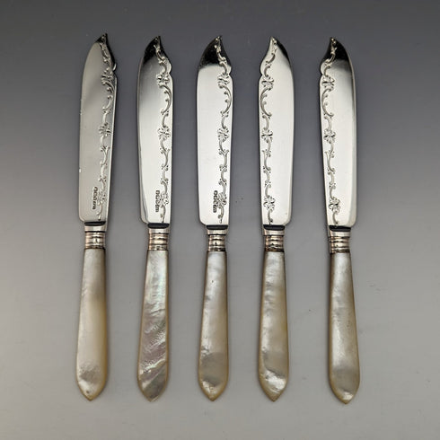 1923 British Antique Fish Cutlery 5 Pair Set White Pearl Handle Sterling Silver Blade Allen & Darwin