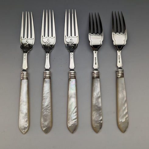 1923 British Antique Fish Cutlery 5 Pair Set White Pearl Handle Sterling Silver Blade Allen & Darwin