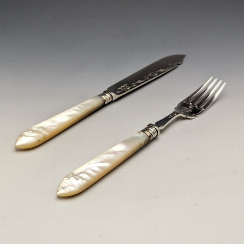 1923 British Antique Fish Cutlery 5 Pair Set White Pearl Handle Sterling Silver Blade Allen & Darwin