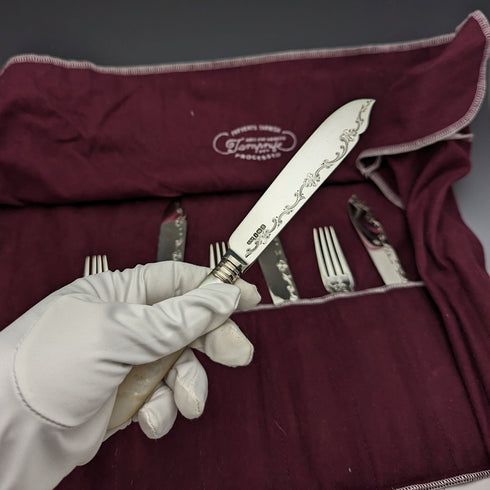 1923 British Antique Fish Cutlery 5 Pair Set White Pearl Handle Sterling Silver Blade Allen & Darwin