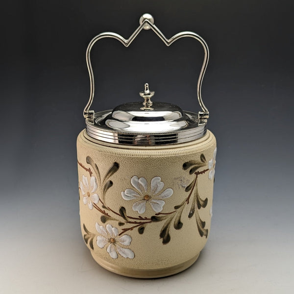 British Antique Pottery & Silver Plate Biscuit Barrel TAYLOR TUNICLIFFE