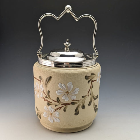 British Antique Pottery & Silver Plate Biscuit Barrel TAYLOR TUNICLIFFE