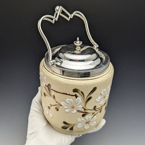 British Antique Pottery & Silver Plate Biscuit Barrel TAYLOR TUNICLIFFE