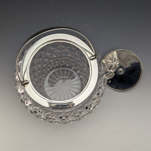 1912年 英国アンティーク カットガラス ビスケットバレル 純銀蓋 Goldsmiths & Silversmiths