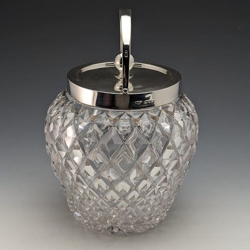 1912年 英国アンティーク カットガラス ビスケットバレル 純銀蓋 Goldsmiths & Silversmiths