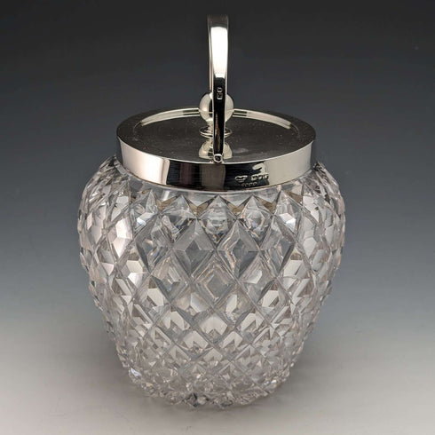1912年 英国アンティーク カットガラス ビスケットバレル 純銀蓋 Goldsmiths & Silversmiths