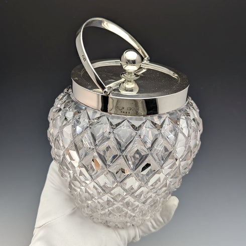 1912年 英国アンティーク カットガラス ビスケットバレル 純銀蓋 Goldsmiths & Silversmiths