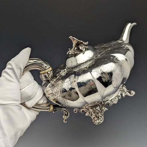 1847 British Antique Sterling Silver Melon-shaped Teapot 696g Charles&George