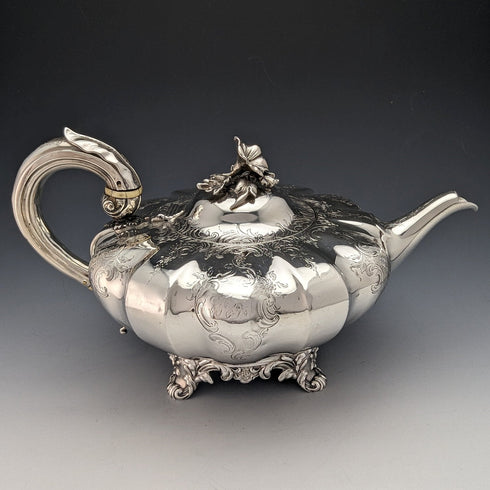 1847 British Antique Sterling Silver Melon-shaped Teapot 696g Charles&George