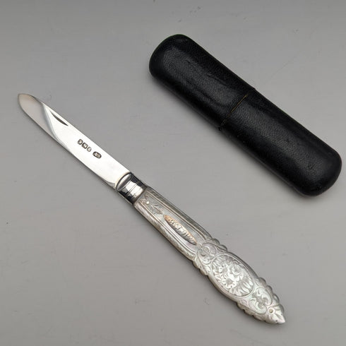 1893年 英国アンティーク 白蝶貝ハンドル 純銀ブレード ペンナイフ ケース入 Arthur Worral Staniforth