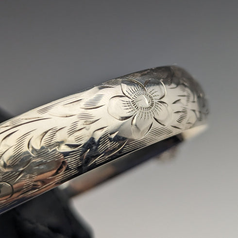 米国ヴィンテージ 純銀製製 花彫刻ブレスレット 20g Wyanco Ronald J Harrisburg