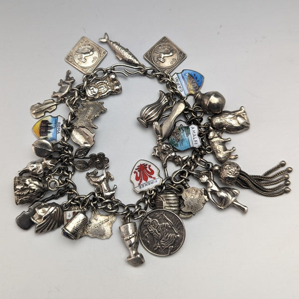 British vintage sterling silver charm bracelet 79g
